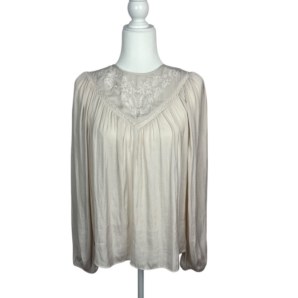 J by Joie Cream Blouse Embroidered Detailed Yoke Long Sleeve Medium Romantic